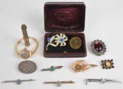 A collection of jewellery including antique box, 9ct gold cased watch on rolled gold bracelet, two