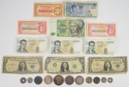 World silver and other coinage and banknotes to include 1785 French coin, 1938 and 1959