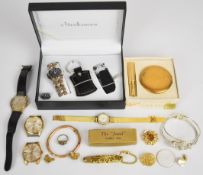 A collection of jewellery including watches, 15ct gold bangle (damaged, 6.9g), 9ct gold cufflinks (