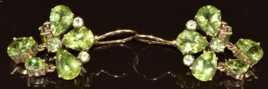 A pair of 9ct gold earrings set with pear and round cut peridot, 7g, 3cm