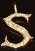 An 18ct gold 'S' pendant set with diamonds, the total diamond weight approximately 0.5ct, 2.9g, 3cm