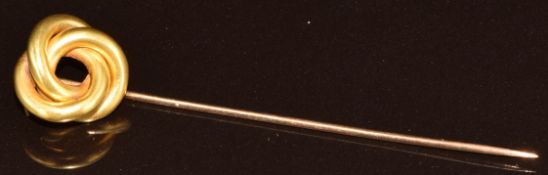 Victorian yellow metal knot stick pin, in antique box, 2.4g, 6.4cm