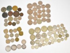 Small collection of British silver and world base metal and silver coins including an 1887 Queen
