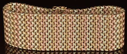 A 9ct gold tri-coloured basket weave bracelet, 60g, 19cm