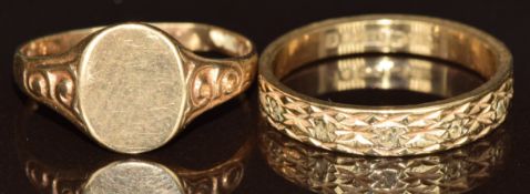 A 9ct gold signet ring and 9ct gold half eternity ring set with diamonds, 3.1g, size L