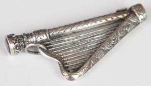 Early Victorian silver novelty pencil formed as a harp, with amethyst finial and diamond shaped