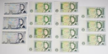 Fourteen high grade Bank of England J.B. Page and D.H.F. Somerset 'Series D' £1 and £5 banknotes,