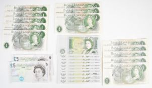 Four consecutive runs of Elizabeth II Bank of England £1 bank notes comprising runs of 10 and 3 Jo