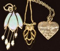 An 18ct gold necklace in the form of an owl with diamond eyes (3g), 9ct gold heart reading 'I love