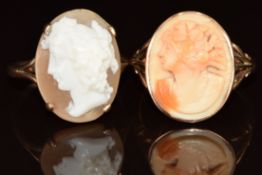 Two 9ct gold rings, both set with cameos of young women, 8.6g, size O