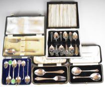 Hallmarked silver cutlery comprising set of six teaspoons, cased pair of serving spoons, cased knife
