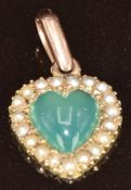 Victorian heart pendant set with green agate surrounded by seed pearls, 1.2g, 1.1 x 2cm