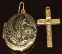 A 9ct gold locket with engraved floral decoration and 9ct gold cross, 7.2g, 2.6 & 2.5cm