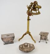 Hallmarked silver pin dish, Arts and Crafts style inkwell, pewter cache box and a Scott of London