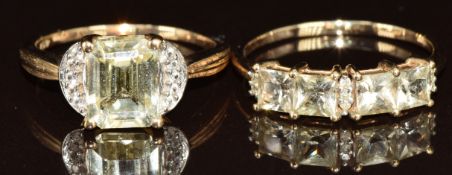 Two 9ct gold rings, one set with topaz and diamonds and the other heliodor and diamonds, 4.8g,