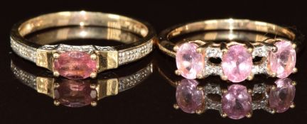 Two 9ct gold rings, one set with topaz and diamonds and the other garnet and diamonds, 4.2g, size