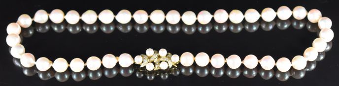 A single strand of cultured pearls, the 14k gold clasp set with pearls and diamonds, 36.3g, 40cm