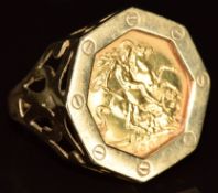 A 9ct gold ring set with a 2001 gold half sovereign, 8.6g, size U