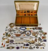 A collection of jewellery including agate brooch, pressed amber jewellery, agate pendants, Sarah