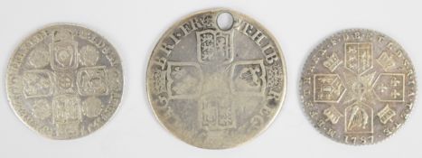 George III 1787 sixpence, coin in angles VF+, together with a George II sixpence, roses in angles F,