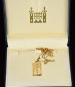 Royal Mint 9ct gold ingot pendant (limited edition 1266, 2.7cm) on 9ct gold chain,10.7g, 50cm