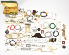 A collection of costume jewellery including Victorian cut steel buckle and brooch, jet brooch,
