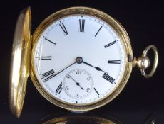 Unnamed 18ct gold full hunter pocket watch with inset subsidiary seconds dial, blued hands, black