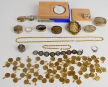 A collection of jewellery including six silver pill boxes, Victorian brooches, two silver rings,