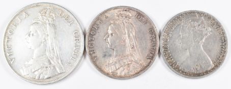 Victorian silver coinage comprising 1877 Gothic florin and 1887 double florin and halfcrown