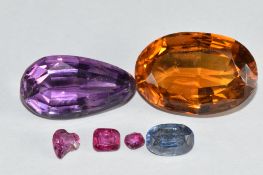 A collection of loose gemstones comprising a loose oval cut sapphire of approximately 1.3ct, two