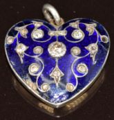 A c1900 heart shaped pendant set with blue enamel, and old cut and rose cut diamonds, the largest