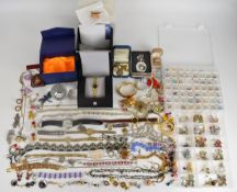 A collection of jewellery including diamanté earrings, pair of silver earrings, silver bracelet,