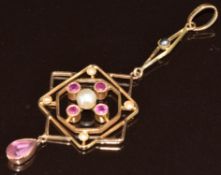 Edwardian 15ct gold pendant set with pearls and pink sapphires and a pear cut paste drop, 3.2g, 6cm