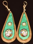 A pair of 19thC malachite earrings set with two micro mosaic panels depicting flowers in yellow