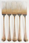 Set of five Georgian Old English pattern hallmarked silver table forks, London 1809, maker Richard