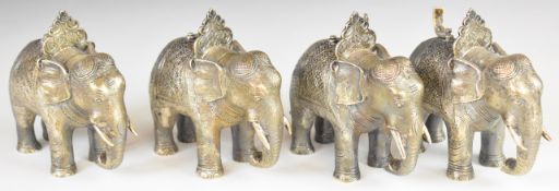 Set of four Indian silver novelty elephant menu or name card holders, each with clip to top to