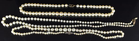 Three single strands of cultured pearls with 9ct gold clasps (one needs re-stringing)