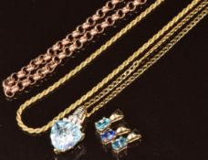 A 9ct gold rope twist necklace, 9ct rose gold necklace, 9ct curb link chain and four 9ct gold