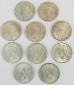 Ten American silver Morgan dollar coins comprising five each of 1921 and 1922, 0.900 silver, total
