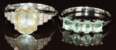 Two 9k white gold rings, one set with an aquamarine and diamonds and the other spinel, 5.5g, size P/