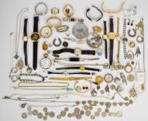 A collection of jewellery including 9ct gold ring mount (1.8g), Sarah Coventry necklace, watches,