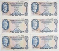Six Bank of England L.K. O'Brien Helmeted Britannia £5 banknotes, with prefixes ranging from C24 (
