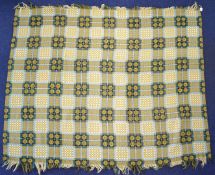 Welsh wool blanket with geometric design on a mustard ground with double fringe, 220cm x 190cm