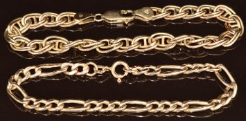 Two 9ct gold bracelets, one curb link and the other double mariner's links, 11.1g, 18cm