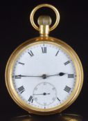 English 18ct gold keyless winding open faced pocket watch with subsidiary seconds dial, blued hands,