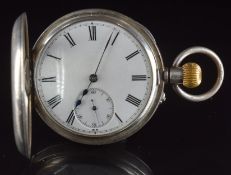 Unnamed hallmarked silver keyless winding half hunter pocket watch with subsidiary seconds dial,
