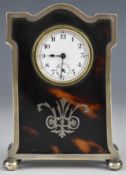 George V hallmarked silver and tortoiseshell dressing table clock, the white enamel dial having