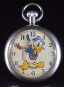 Disney interest Swiss keyless winding open faced pocket watch featuring Donald Duck to the dial