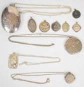 Two large silver lockets, seven silver St Christopher pendants and four chains, 101g