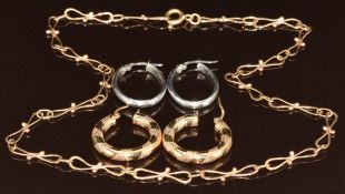 A 9ct gold necklace (39cm) and two pairs of 9ct gold hoop earrrings, 7.7g